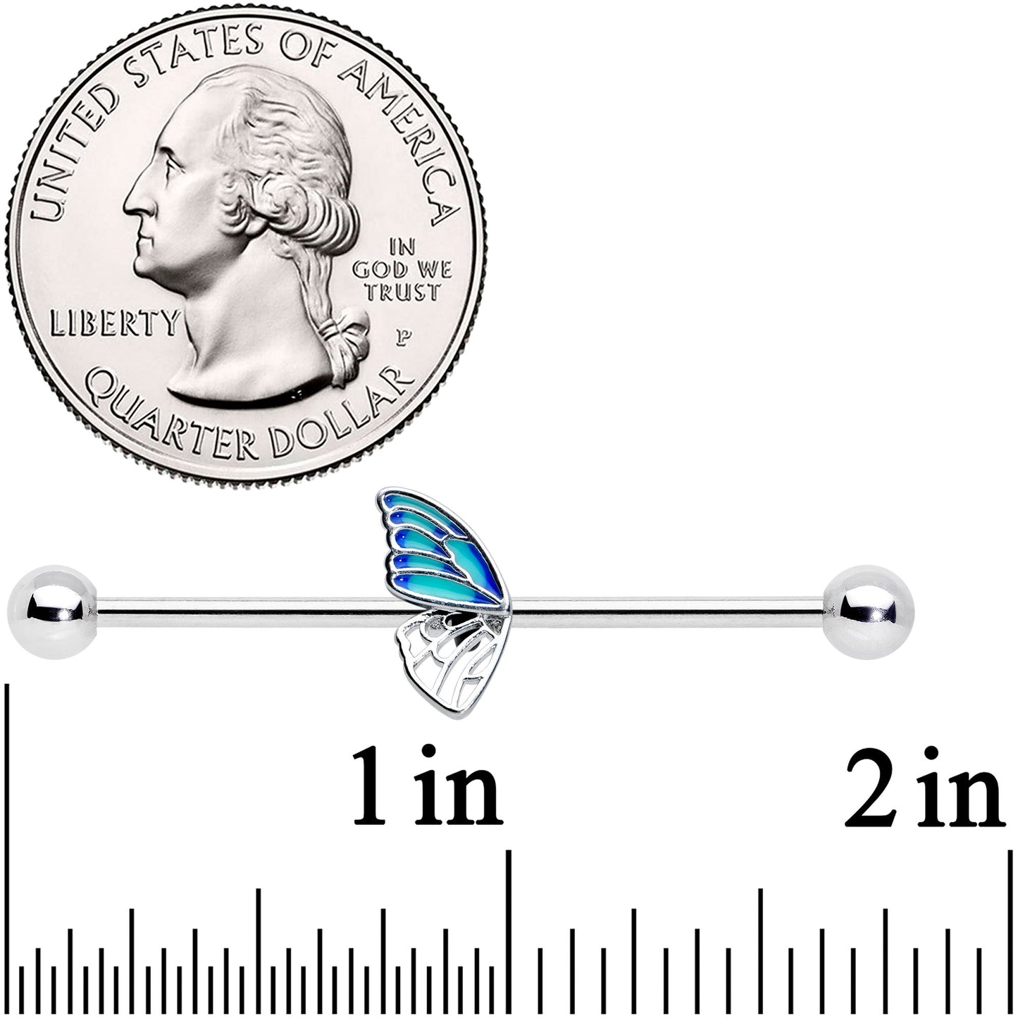 14 Gauge Simple Blue Wing Butterfly Industrial Barbell 38mm