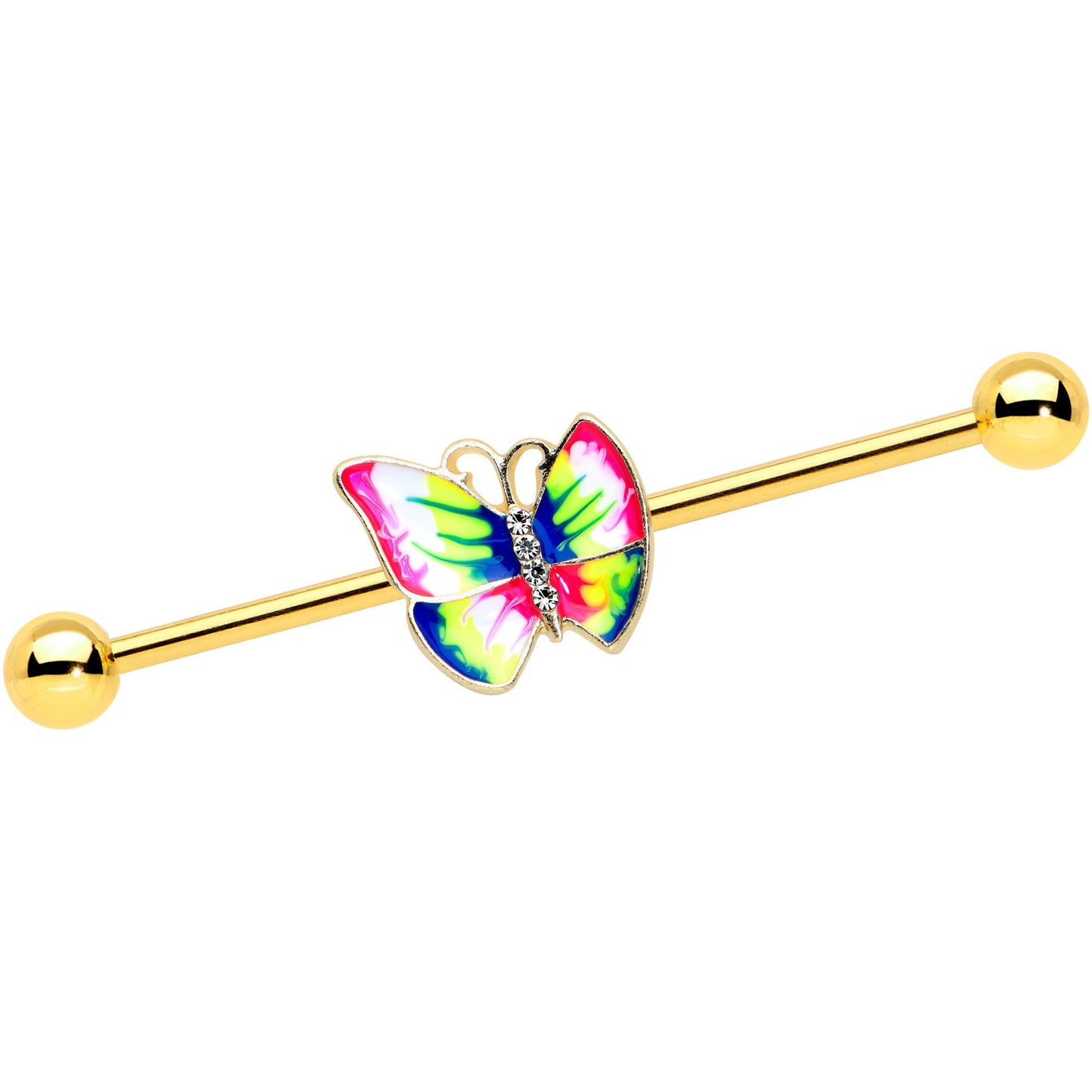 14 Gauge Clear Gem Gold Tone Bright Butterfly Industrial Barbell 38mm