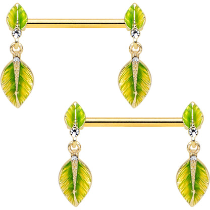 14 Gauge 5/8 Clear Gem Gold Tone Lush Leaves Dangle Nipple Ring Set