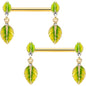 14 Gauge 5/8 Clear Gem Gold Tone Lush Leaves Dangle Nipple Ring Set