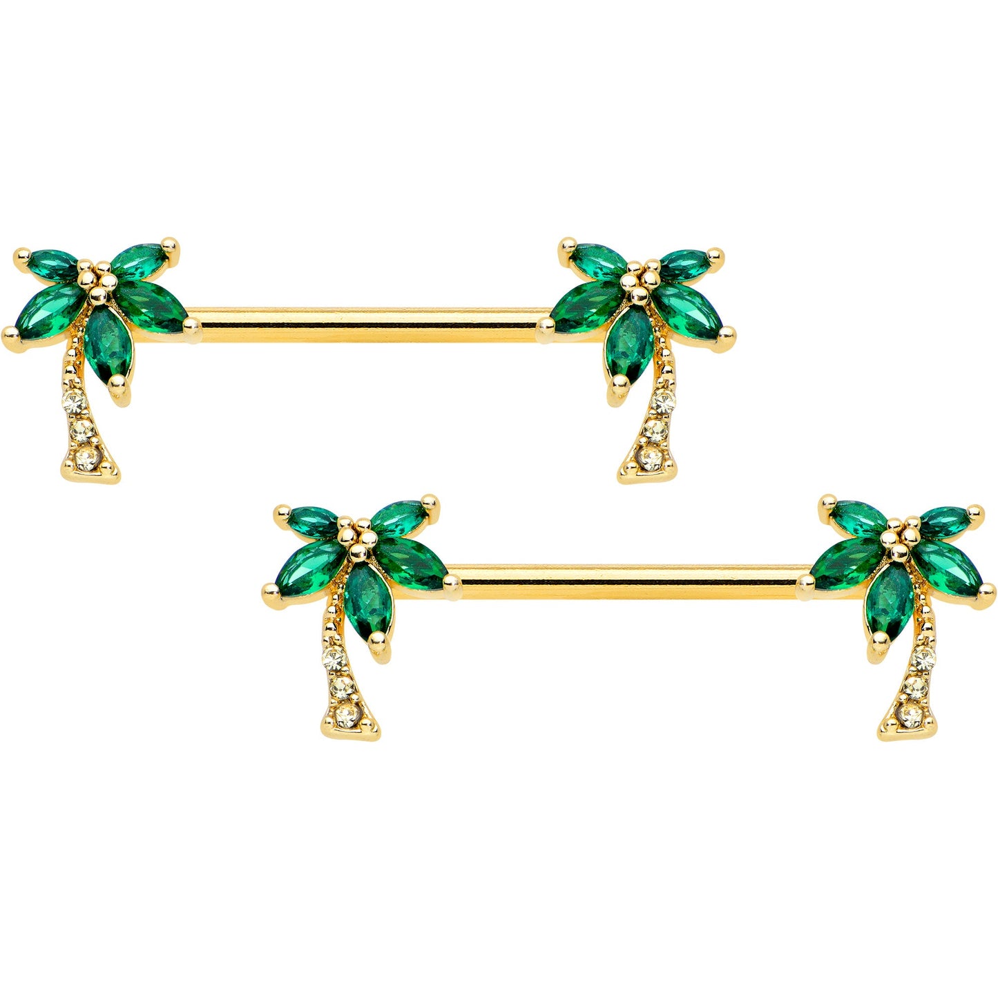 14 Gauge 9/16 Clear Green Gem Gold Tone Palm Tree Nipple Ring Set