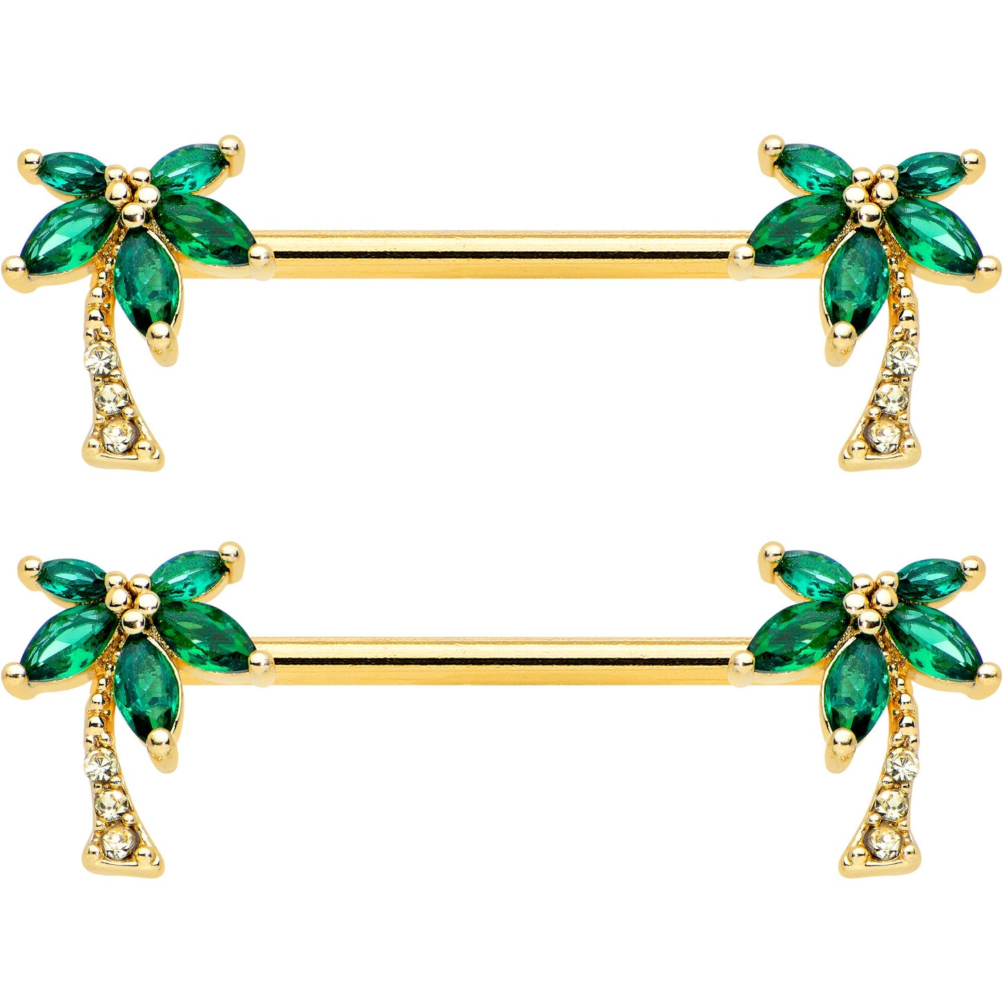 14 Gauge 9/16 Clear Green Gem Gold Tone Palm Tree Nipple Ring Set