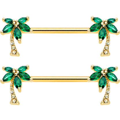 14 Gauge 9/16 Clear Green Gem Gold Tone Palm Tree Nipple Ring Set