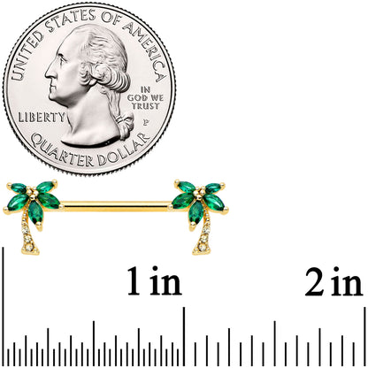 14 Gauge 9/16 Clear Green Gem Gold Tone Palm Tree Nipple Ring Set