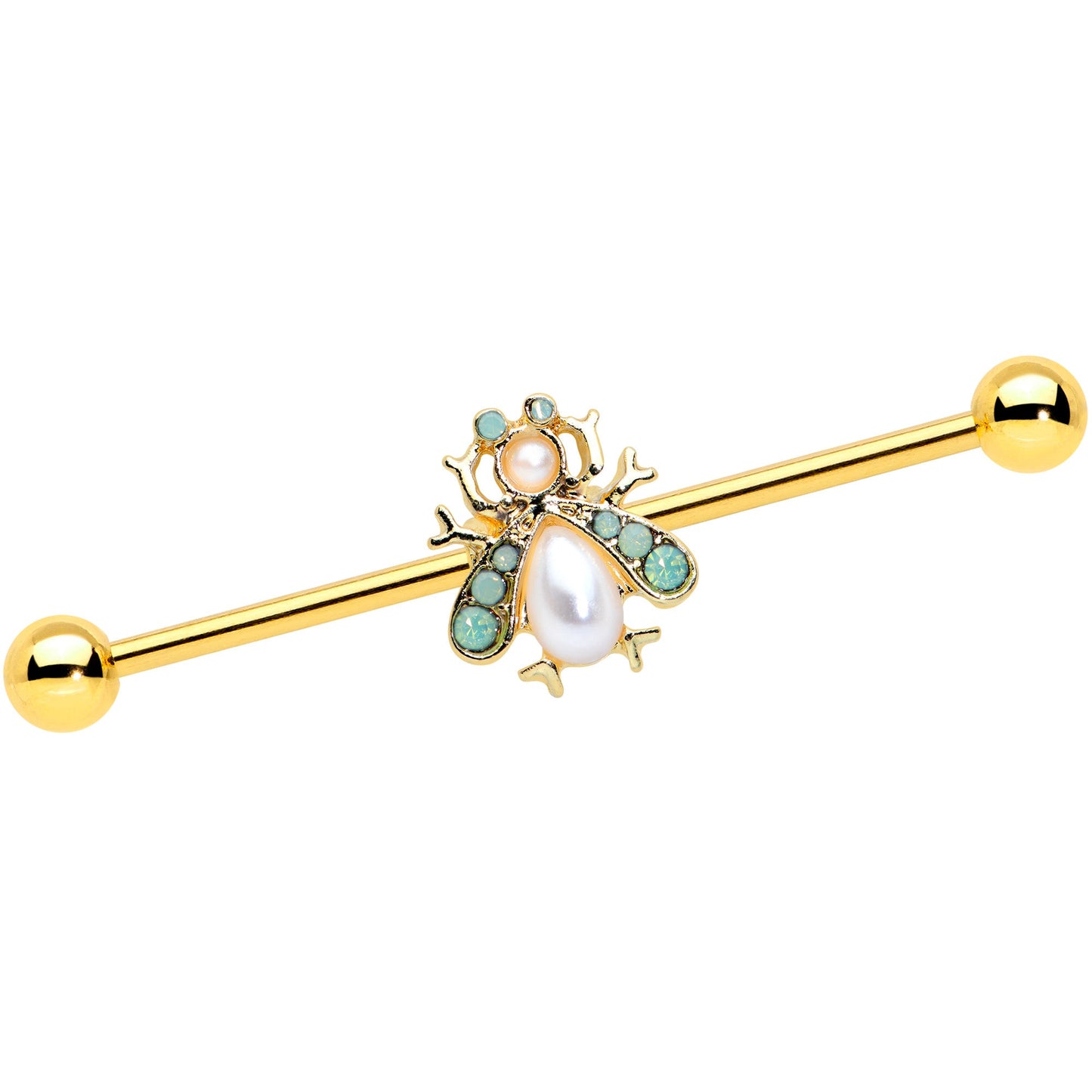 14 Gauge White Gem Gold Tone Snow Bug Industrial Barbell 38mm