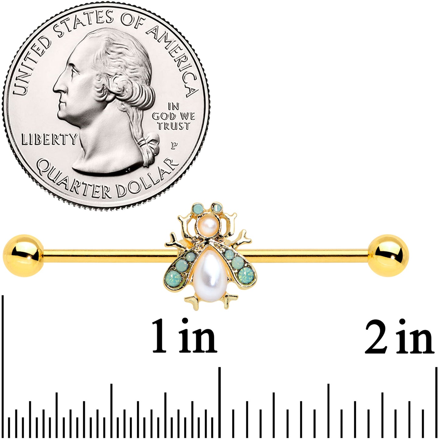 14 Gauge White Gem Gold Tone Snow Bug Industrial Barbell 38mm