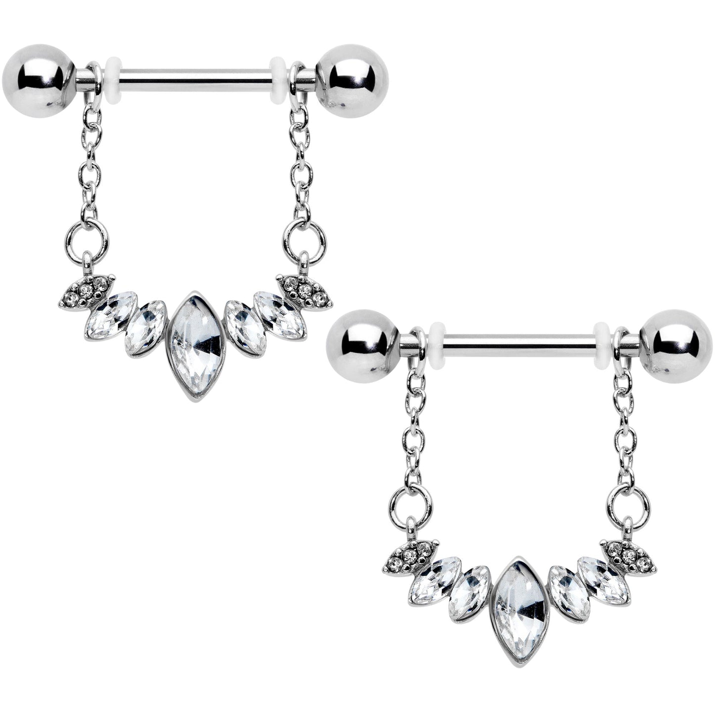 14 Gauge 9/16 Clear Gem Crowning Glory Chain Dangle Nipple Ring Set