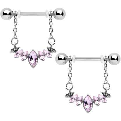 14 Gauge 9/16 Pink Gem Crowning Glory Chain Dangle Nipple Ring Set