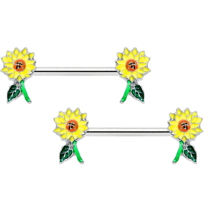 14 Gauge 9/16 Cheery Sunflower Barbell Nipple Ring Set