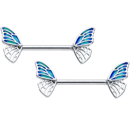 14 Gauge 9/16 Simple Blue Wing Butterfly Barbell Nipple Ring Set