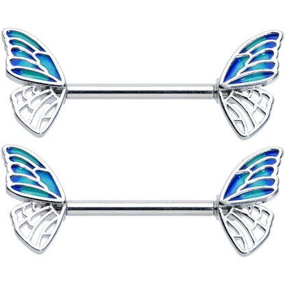 14 Gauge 9/16 Simple Blue Wing Butterfly Barbell Nipple Ring Set