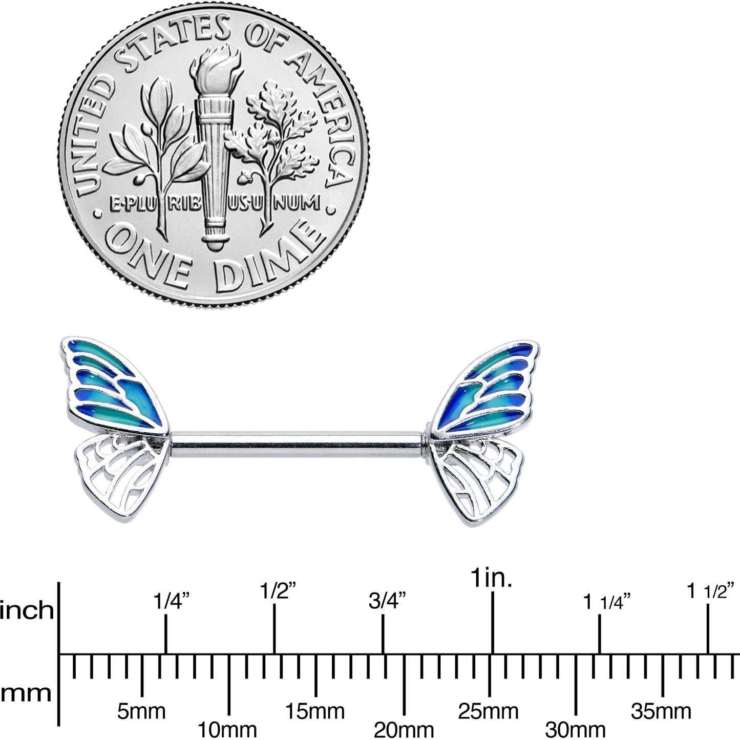 14 Gauge 9/16 Simple Blue Wing Butterfly Barbell Nipple Ring Set