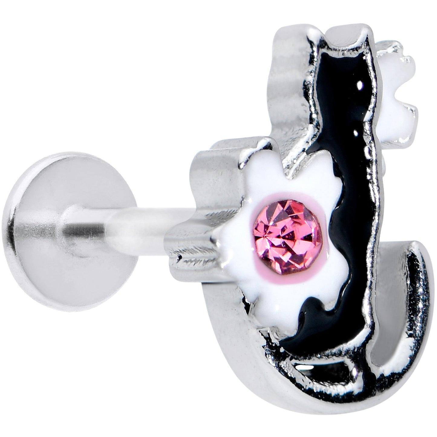 16 Gauge 5/16 Pink Gem Black Cat White Flowers Labret Monroe Tragus