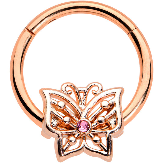 16 Gauge 3/8 Pink CZ Gem Rose Gold Tone Butterfly Hinged Segment Ring