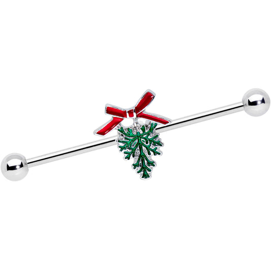 14 Gauge Pine Bough Red Bow Christmas Industrial Barbell 38mm