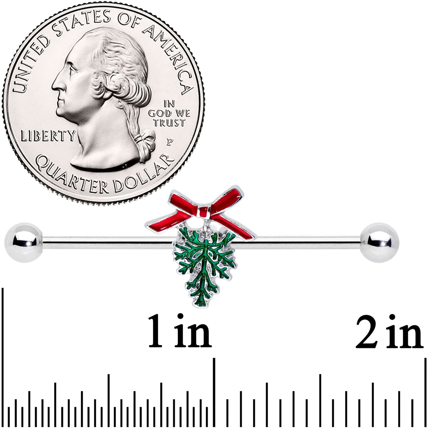 14 Gauge Pine Bough Red Bow Christmas Industrial Barbell 38mm