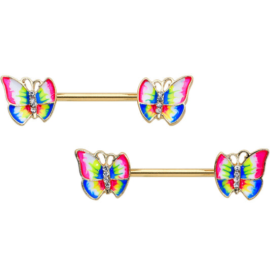 14 Gauge 9/16 Clear Gem Gold Tone Bright Butterfly Nipple Ring Set