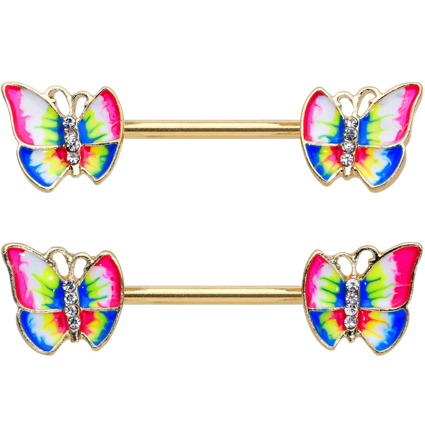 14 Gauge 9/16 Clear Gem Gold Tone Bright Butterfly Nipple Ring Set