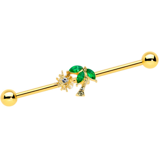 14 Gauge Green Gem Gold Tone Sun Palm Tree Industrial Barbell 38mm