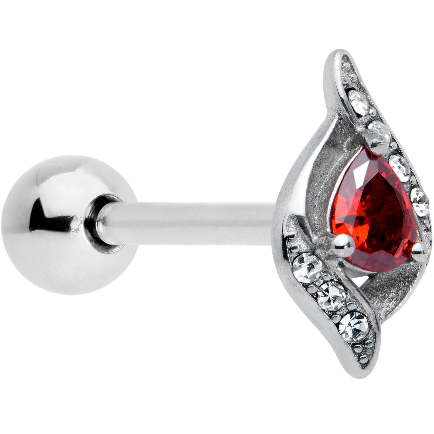 Clear Red Gem Swirling Oval Barbell Tongue Ring