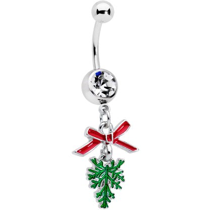 Clear Gem Pine Bough Red Bow Christmas Dangle Belly Ring