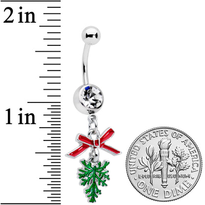 Clear Gem Pine Bough Red Bow Christmas Dangle Belly Ring