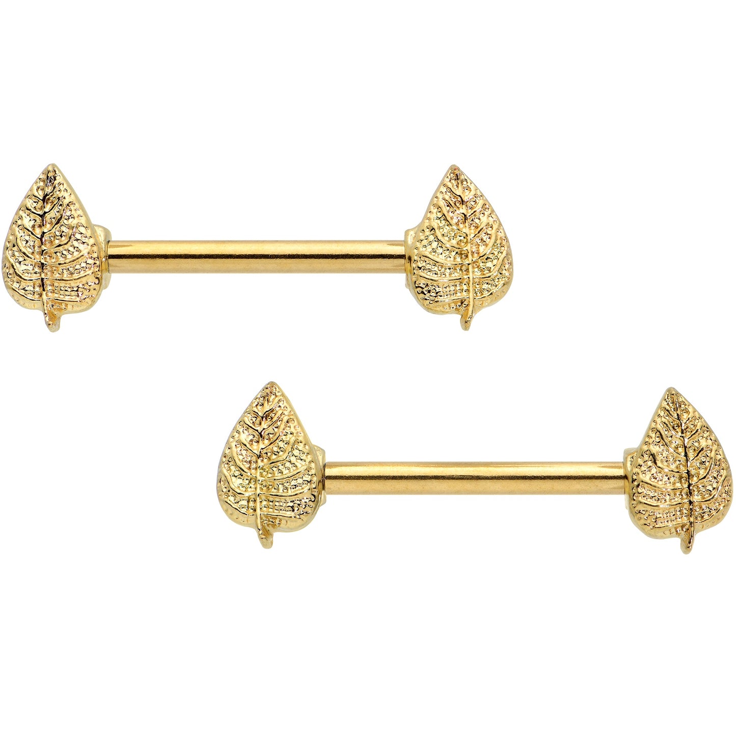 14 Gauge 9/16 Gold Tone Autumn Textured Leaf Barbell Nipple Ring Set