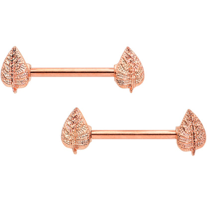 14 Gauge 9/16 Rose Gold Tone Fall Texture Leaf Barbell Nipple Ring Set