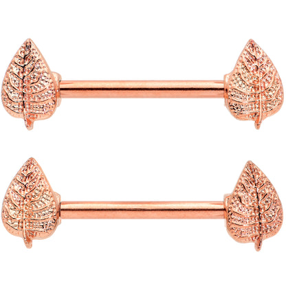 14 Gauge 9/16 Rose Gold Tone Fall Texture Leaf Barbell Nipple Ring Set