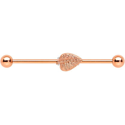 14 Gauge Rose Gold Tone Autumn Textured Leaf Industrial Barbell 38mm