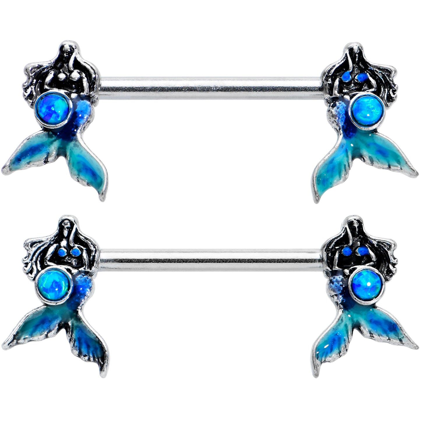 14 Gauge 9/16 Blue Synthetic Opal Mermaid Tail Barbell Nipple Ring Set