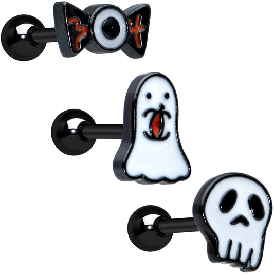 16 Gauge 1/4 Black Ghost Skull Eye Halloween Cartilage Tragus Set of 3