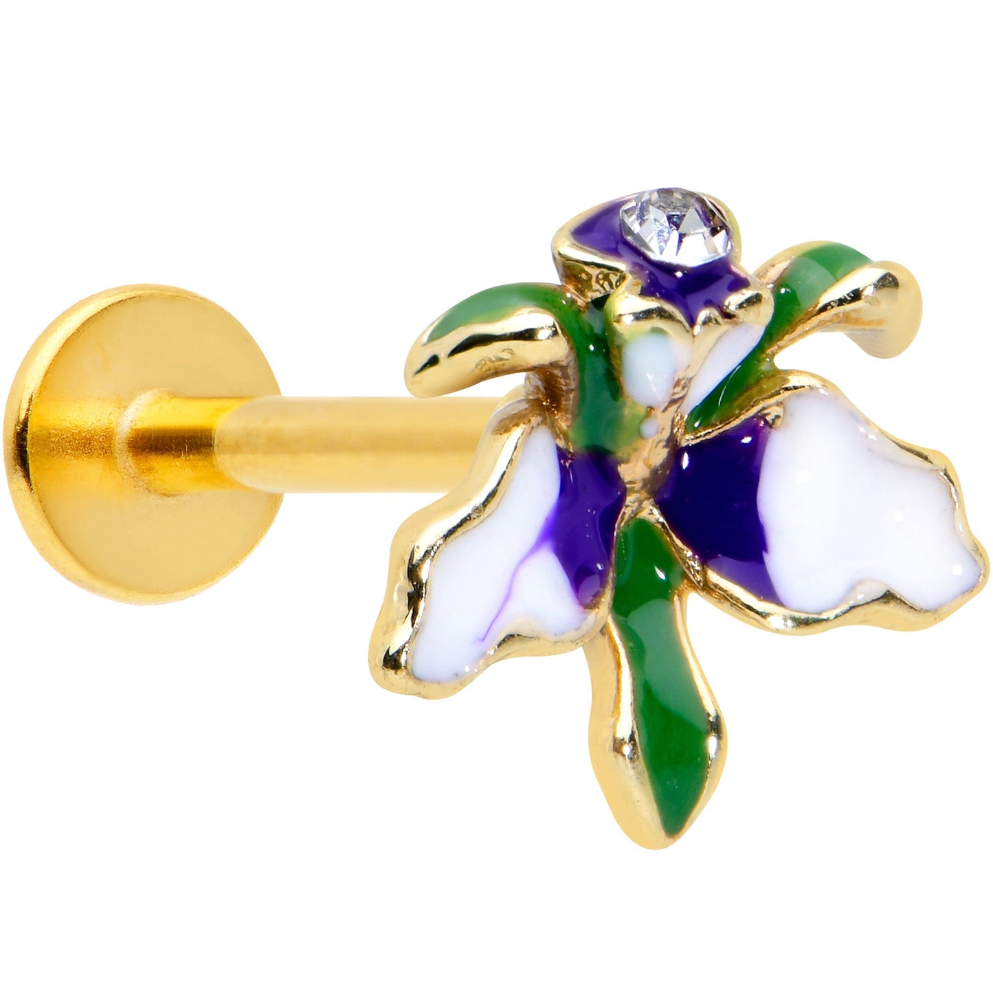 16 Gauge 5/16 Clear Gem Gold Tone Iris Flower Labret Monroe Tragus