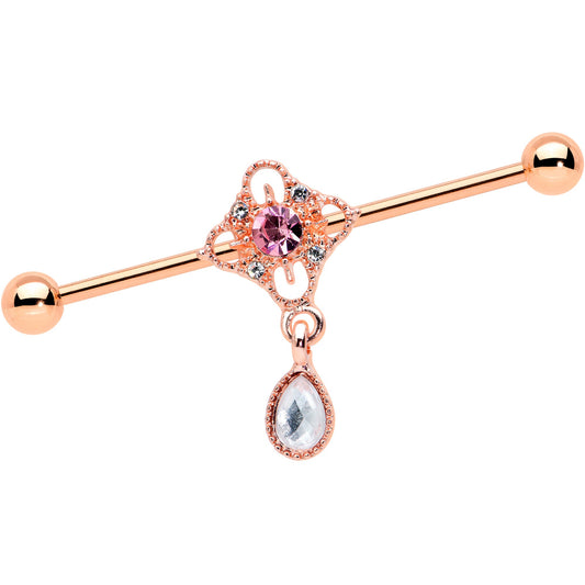 14 Gauge Purple Gem Rose Gold Hue Cross Dangle Industrial Barbell 38mm