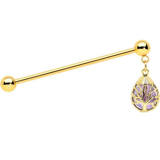 14 Gauge Amethyst Gold Tone Drop Tree Dangle Industrial Barbell 38mm