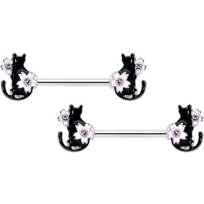 14 Gauge 9/16 Clear Gem Flowers Black Cat Barbell Nipple Ring Set