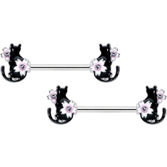 14 Gauge 9/16 Clear Gem Flowers Black Cat Barbell Nipple Ring Set