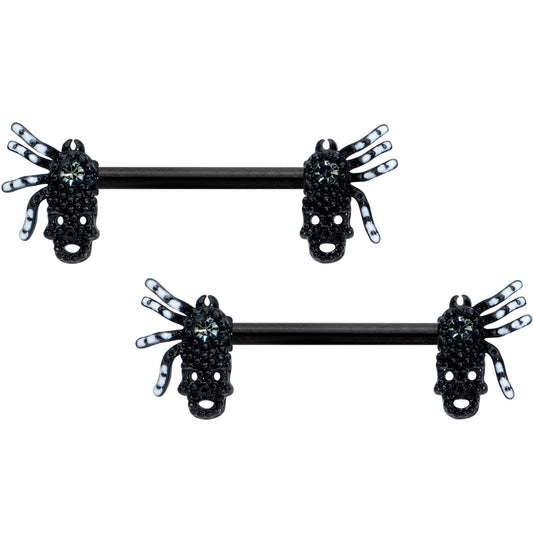 14 Gauge 1/2 Clear Gem Black Skull Spider Halloween Nipple Ring Set