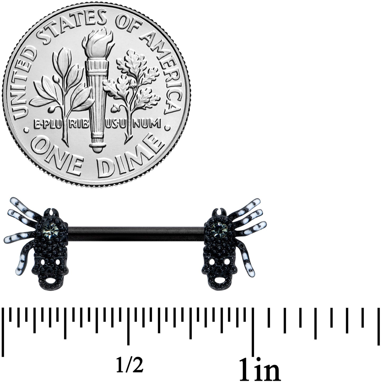 14 Gauge 1/2 Clear Gem Black Skull Spider Halloween Nipple Ring Set