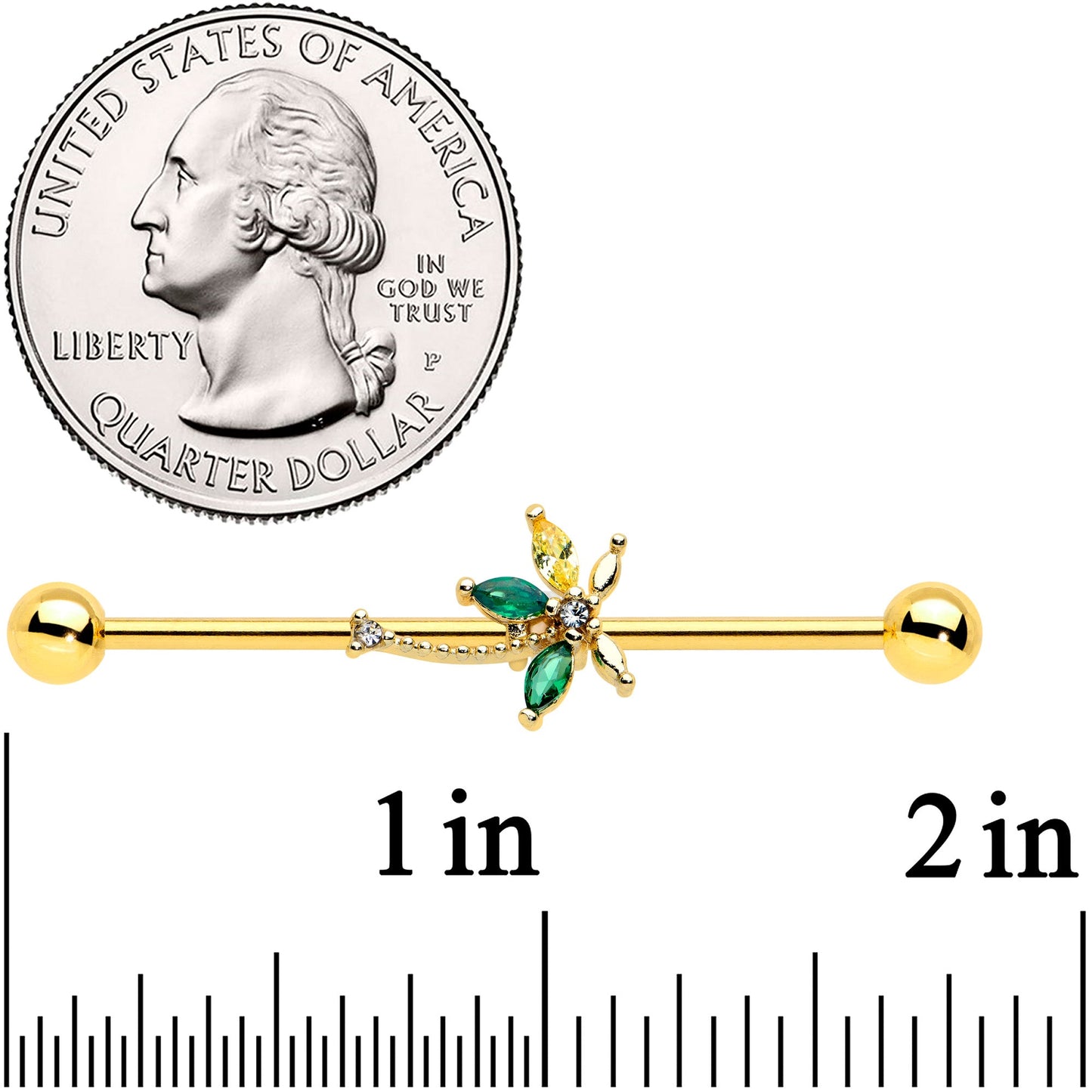 14 Gauge Clear Green Gem Gold Tone Palm Tree Industrial Barbell 38mm