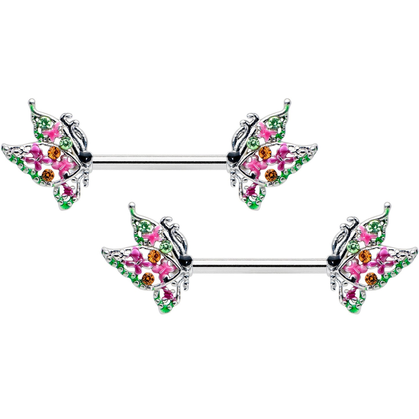 14 Gauge 1/2 Pink Gem Openwork Butterfly Barbell Nipple Ring Set