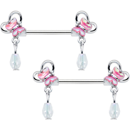 14 Gauge 9/16 Heart Pink Butterfly Dangle Barbell Nipple Ring Set