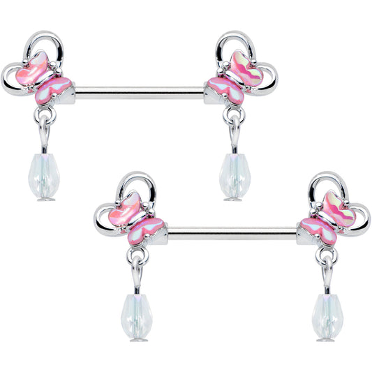 14 Gauge 9/16 Heart Pink Butterfly Dangle Barbell Nipple Ring Set