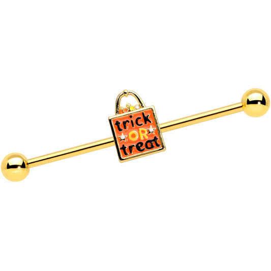 14 Gauge Gold Tone Trick or Treat Halloween Industrial Barbell 38mm