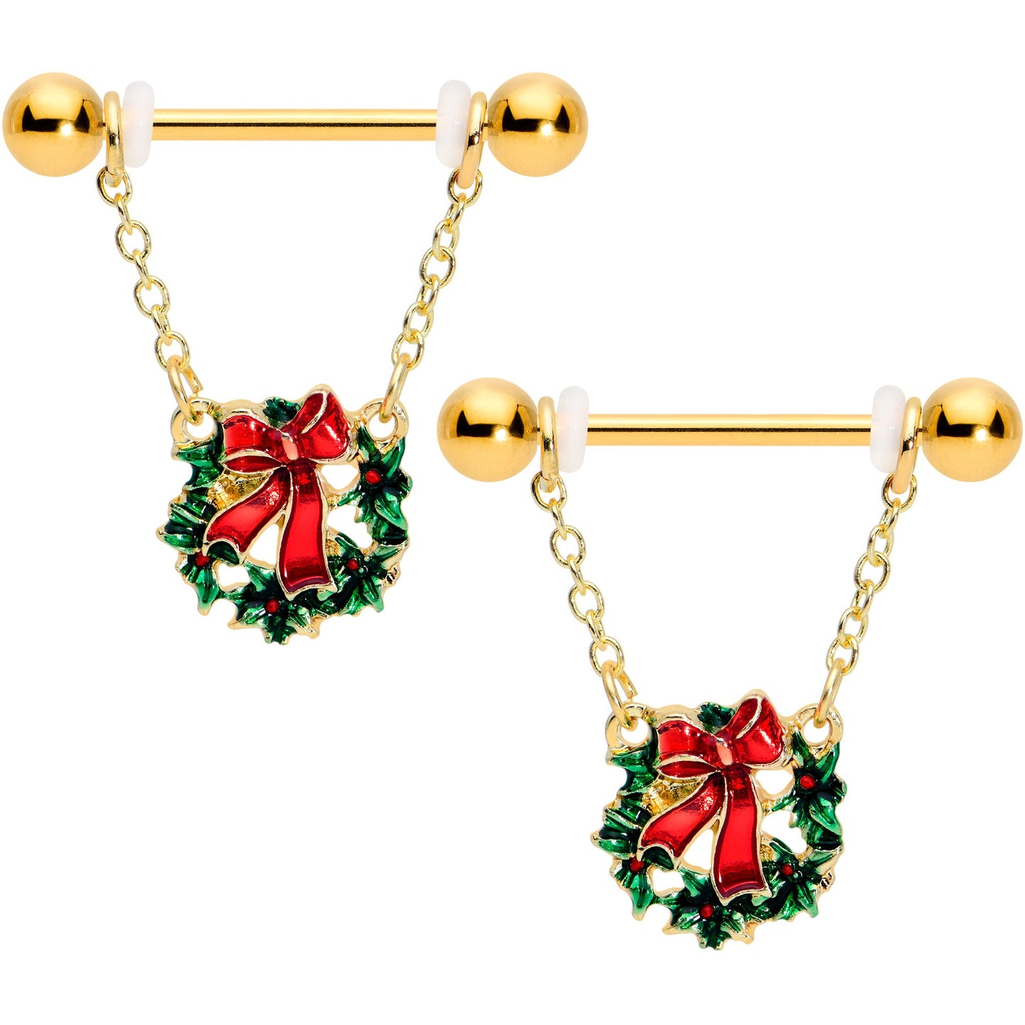 14 Gauge 5/8 Gold Tone Festive Wreath Christmas Dangle Nipple Ring Set