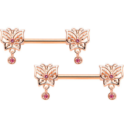 14 Gauge 9/16 Pink CZ Gem Rose Gold Tone Butterfly Nipple Ring Set