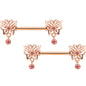 14 Gauge 9/16 Pink CZ Gem Rose Gold Tone Butterfly Nipple Ring Set