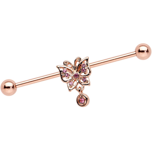 14 Gauge Pink CZ Gem Rose Gold Tone Butterfly Industrial Barbell 38mm