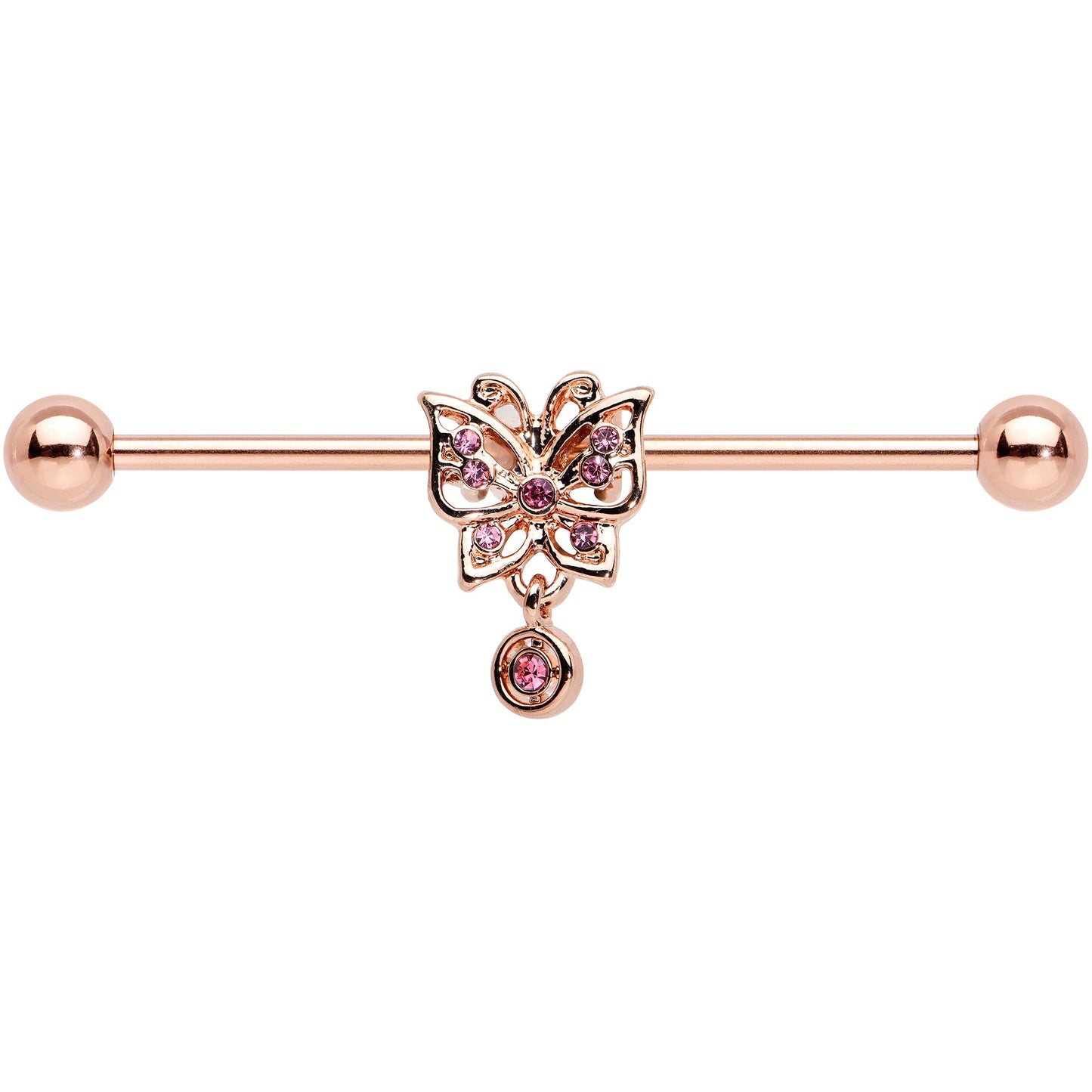 14 Gauge Pink CZ Gem Rose Gold Tone Butterfly Industrial Barbell 38mm