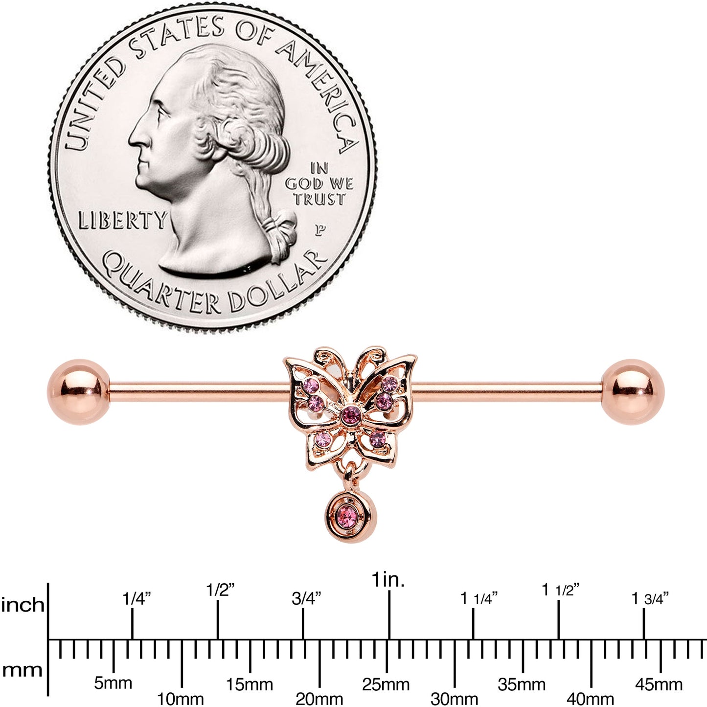 14 Gauge Pink CZ Gem Rose Gold Tone Butterfly Industrial Barbell 38mm